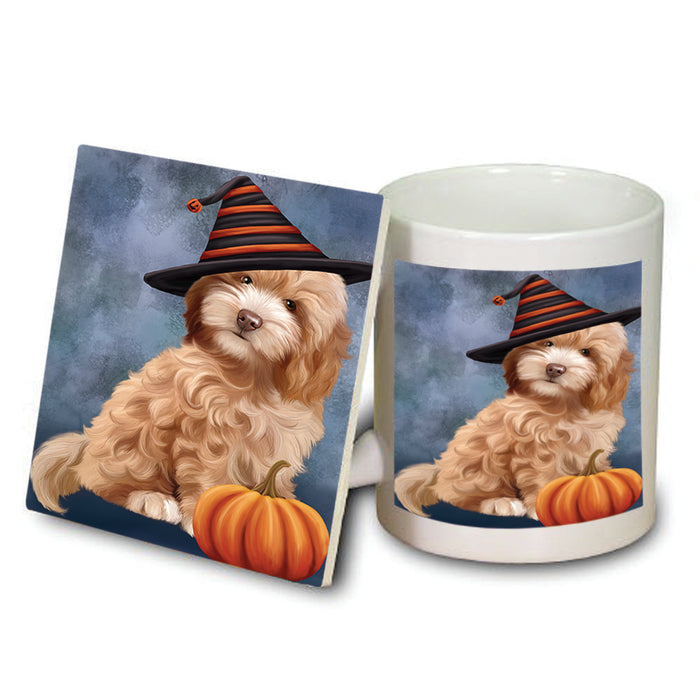 Happy Halloween Cockapoo Dog Wearing Witch Hat with Pumpkin Mug and Coaster Set MUC54883