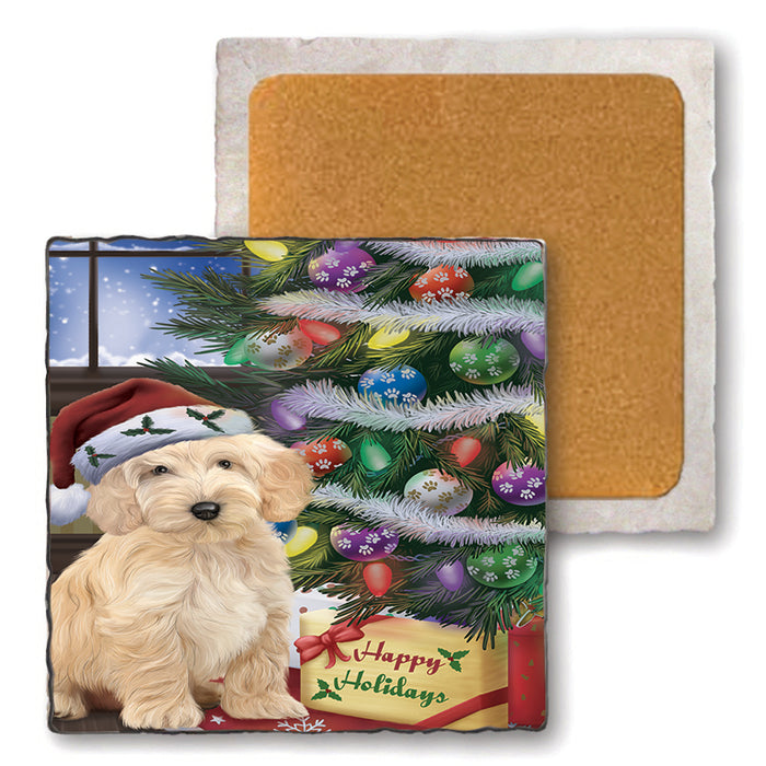 Christmas Happy Holidays Cockapoo Dog with Tree and Presents Set of 4 Natural Stone Marble Tile Coasters MCST48451