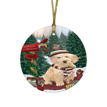 Merry Christmas Woodland Sled Cockapoo Dog Round Flat Christmas Ornament RFPOR55264