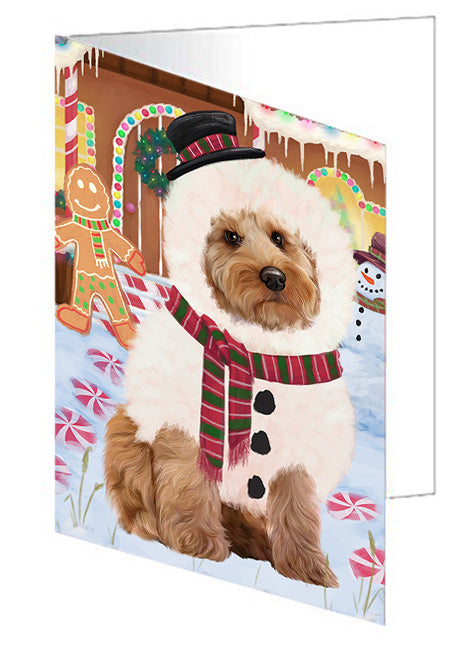 Christmas Gingerbread House Candyfest Cockapoo Dog Handmade Artwork Assorted Pets Greeting Cards and Note Cards with Envelopes for All Occasions and Holiday Seasons GCD73454