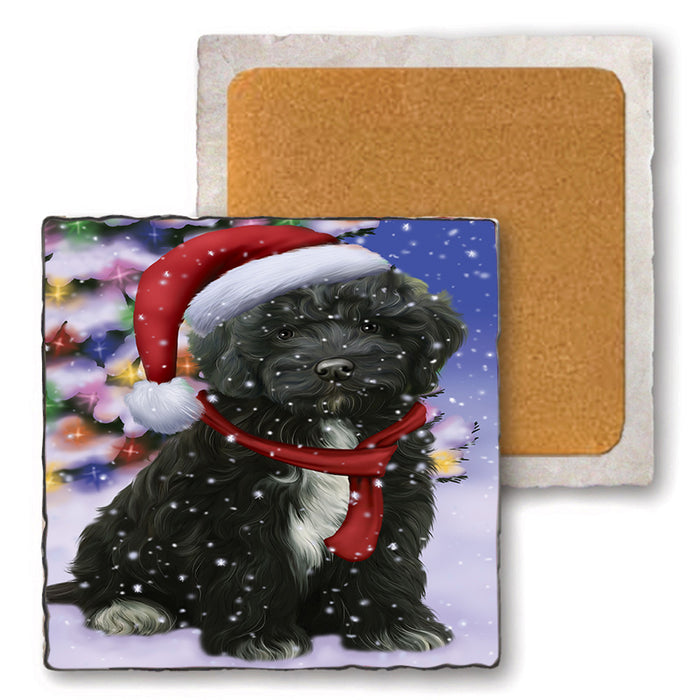 Winterland Wonderland Cockapoo Dog In Christmas Holiday Scenic Background Set of 4 Natural Stone Marble Tile Coasters MCST48745