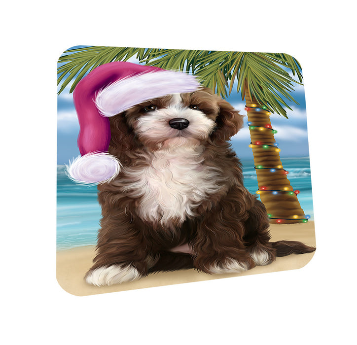 Summertime Happy Holidays Christmas Cockapoo Dog on Tropical Island Beach Coasters Set of 4 CST54379