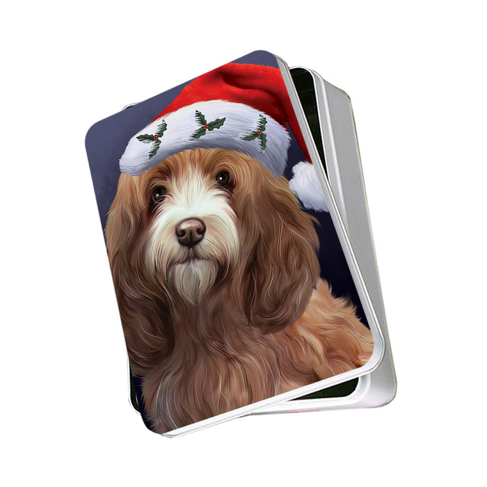 Christmas Holidays Cockapoo Dog Wearing Santa Hat Portrait Head Photo Storage Tin PITN53494