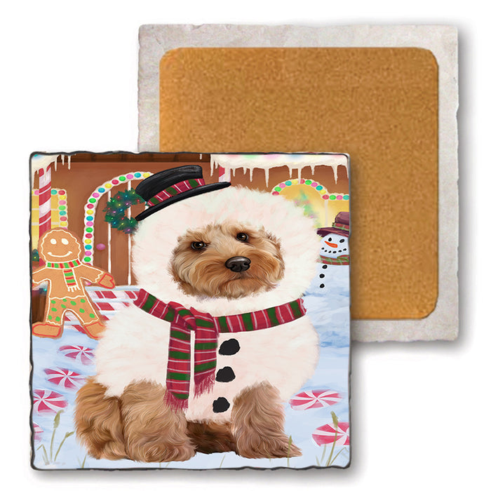 Christmas Gingerbread House Candyfest Cockapoo Dog Set of 4 Natural Stone Marble Tile Coasters MCST51313