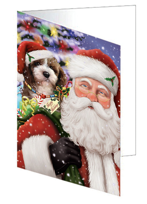 Santa Carrying Cockapoo Dog and Christmas Presents Handmade Artwork Assorted Pets Greeting Cards and Note Cards with Envelopes for All Occasions and Holiday Seasons GCD65075
