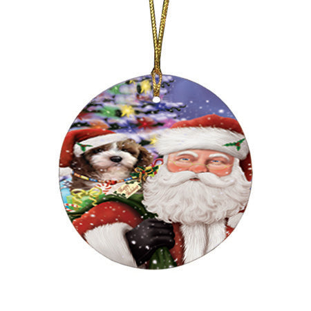 Santa Carrying Cockapoo Dog and Christmas Presents Round Flat Christmas Ornament RFPOR53673