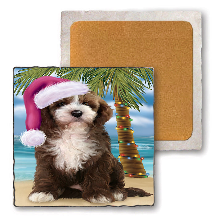 Summertime Happy Holidays Christmas Cockapoo Dog on Tropical Island Beach Set of 4 Natural Stone Marble Tile Coasters MCST49421