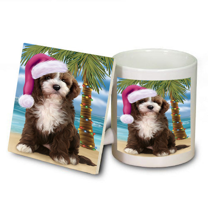 Summertime Happy Holidays Christmas Cockapoo Dog on Tropical Island Beach Mug and Coaster Set MUC54413