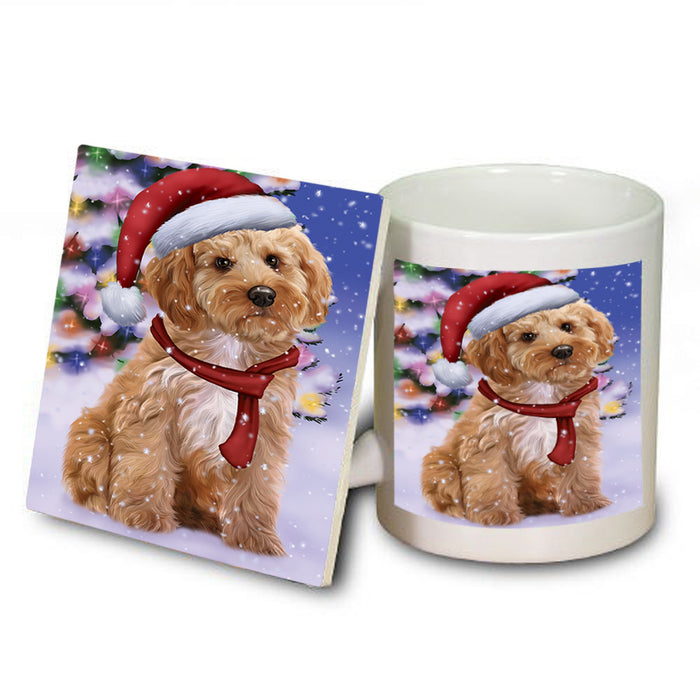 Winterland Wonderland Cockapoo Dog In Christmas Holiday Scenic Background Mug and Coaster Set MUC53738