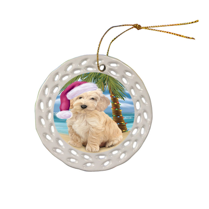 Summertime Happy Holidays Christmas Cockapoo Dog on Tropical Island Beach Ceramic Doily Ornament DPOR54550