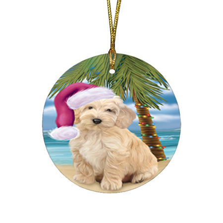 Summertime Happy Holidays Christmas Cockapoo Dog on Tropical Island Beach Round Flat Christmas Ornament RFPOR54541
