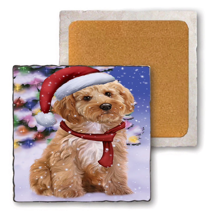 Winterland Wonderland Cockapoo Dog In Christmas Holiday Scenic Background Set of 4 Natural Stone Marble Tile Coasters MCST48746
