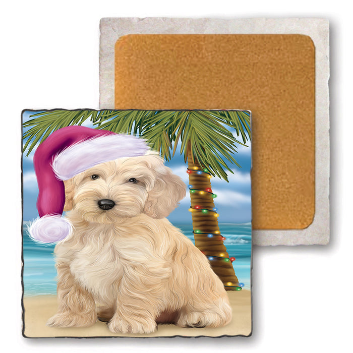 Summertime Happy Holidays Christmas Cockapoo Dog on Tropical Island Beach Set of 4 Natural Stone Marble Tile Coasters MCST49422