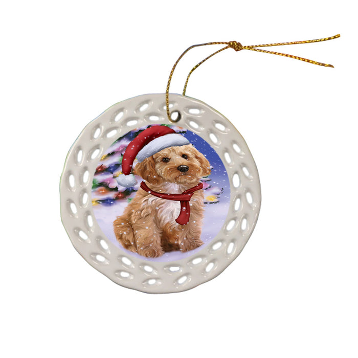 Winterland Wonderland Cockapoo Dog In Christmas Holiday Scenic Background Ceramic Doily Ornament DPOR53746