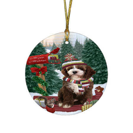 Merry Christmas Woodland Sled Cockapoo Dog Round Flat Christmas Ornament RFPOR55265