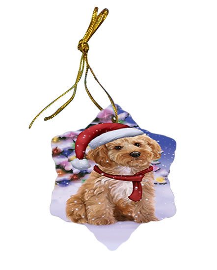 Winterland Wonderland Cockapoo Dog In Christmas Holiday Scenic Background Star Porcelain Ornament SPOR53737