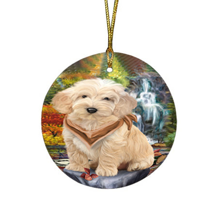 Scenic Waterfall Cockapoo Dog Round Flat Christmas Ornament RFPOR51855