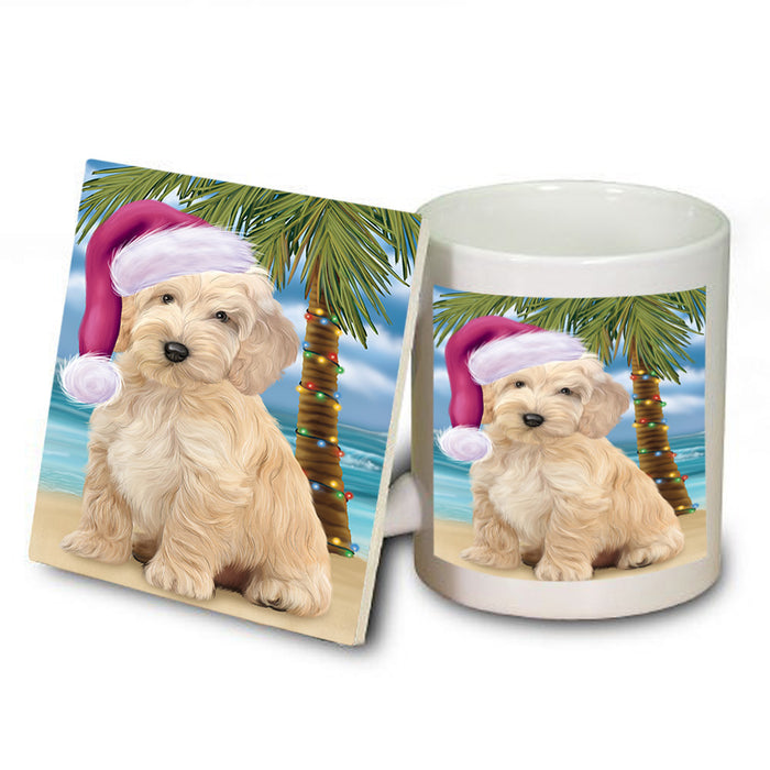 Summertime Happy Holidays Christmas Cockapoo Dog on Tropical Island Beach Mug and Coaster Set MUC54414
