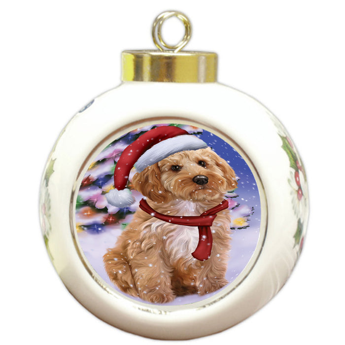 Winterland Wonderland Cockapoo Dog In Christmas Holiday Scenic Background Round Ball Christmas Ornament RBPOR53746