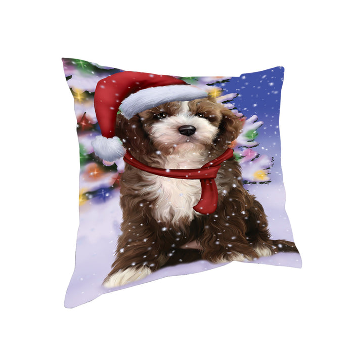 Winterland Wonderland Cockapoo Dog In Christmas Holiday Scenic Background Pillow PIL71612