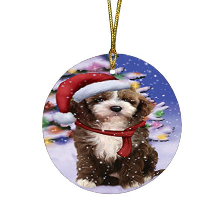 Winterland Wonderland Cockapoo Dog In Christmas Holiday Scenic Background Round Flat Christmas Ornament RFPOR53738