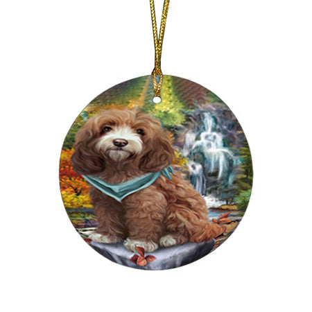 Scenic Waterfall Cockapoo Dog Round Flat Christmas Ornament RFPOR51856