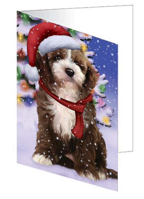 Winterland Wonderland Cockapoo Dog In Christmas Holiday Scenic Background Handmade Artwork Assorted Pets Greeting Cards and Note Cards with Envelopes for All Occasions and Holiday Seasons GCD65270