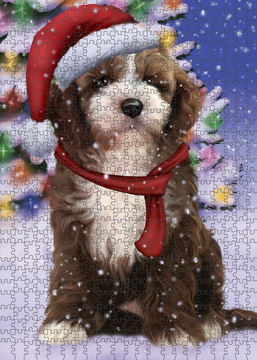 Winterland Wonderland Cockapoo Dog In Christmas Holiday Scenic Background Puzzle with Photo Tin PUZL82144