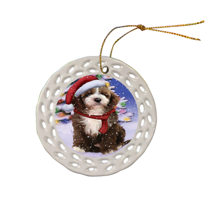 Winterland Wonderland Cockapoo Dog In Christmas Holiday Scenic Background Ceramic Doily Ornament DPOR53747