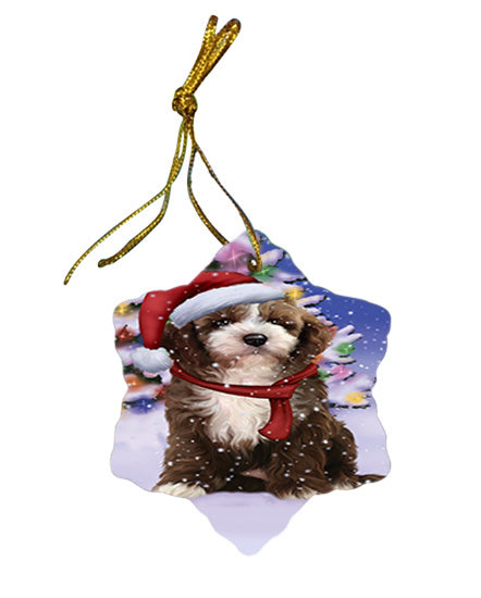 Winterland Wonderland Cockapoo Dog In Christmas Holiday Scenic Background Star Porcelain Ornament SPOR53738