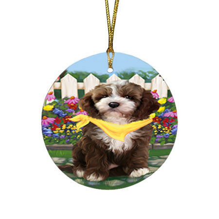 Spring Floral Cockapoo Dog Round Flat Christmas Ornament RFPOR52238