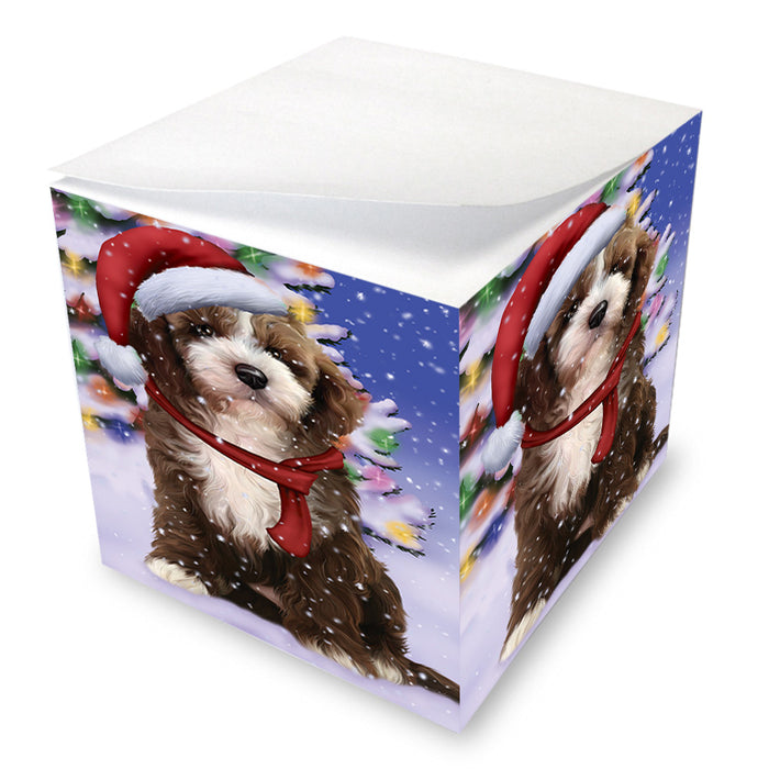 Winterland Wonderland Cockapoo Dog In Christmas Holiday Scenic Background Note Cube NOC55393