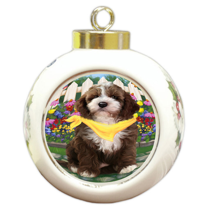 Spring Floral Cockapoo Dog Round Ball Christmas Ornament RBPOR52247