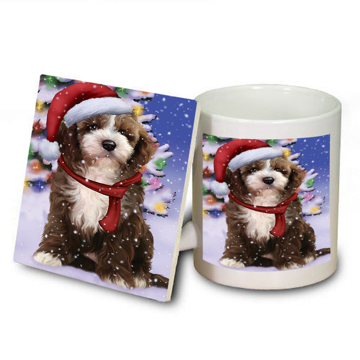 Winterland Wonderland Cockapoo Dog In Christmas Holiday Scenic Background Mug and Coaster Set MUC53739