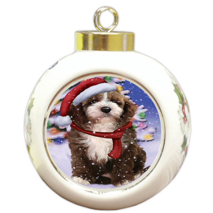 Winterland Wonderland Cockapoo Dog In Christmas Holiday Scenic Background Round Ball Christmas Ornament RBPOR53747