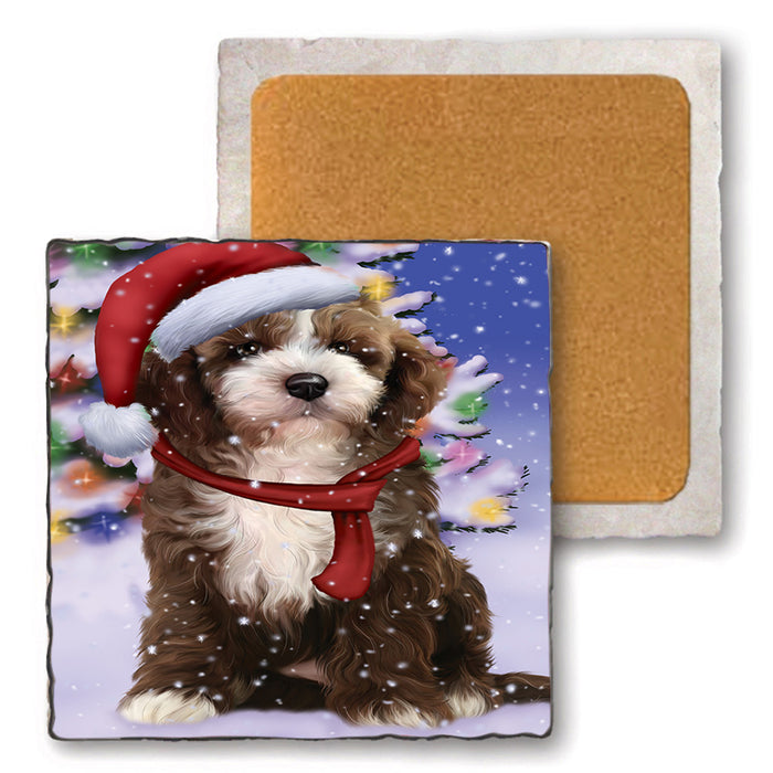 Winterland Wonderland Cockapoo Dog In Christmas Holiday Scenic Background Set of 4 Natural Stone Marble Tile Coasters MCST48747