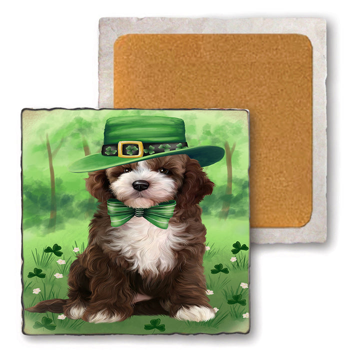 St. Patricks Day Irish Portrait Cockapoo Dog Set of 4 Natural Stone Marble Tile Coasters MCST51996