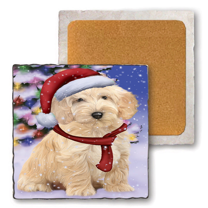 Winterland Wonderland Cockapoo Dog In Christmas Holiday Scenic Background Set of 4 Natural Stone Marble Tile Coasters MCST48748