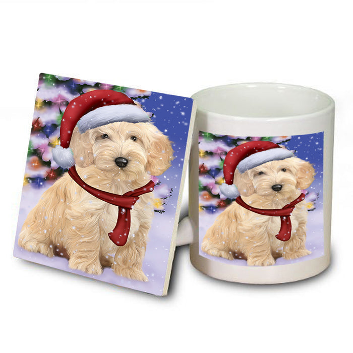 Winterland Wonderland Cockapoo Dog In Christmas Holiday Scenic Background Mug and Coaster Set MUC53740