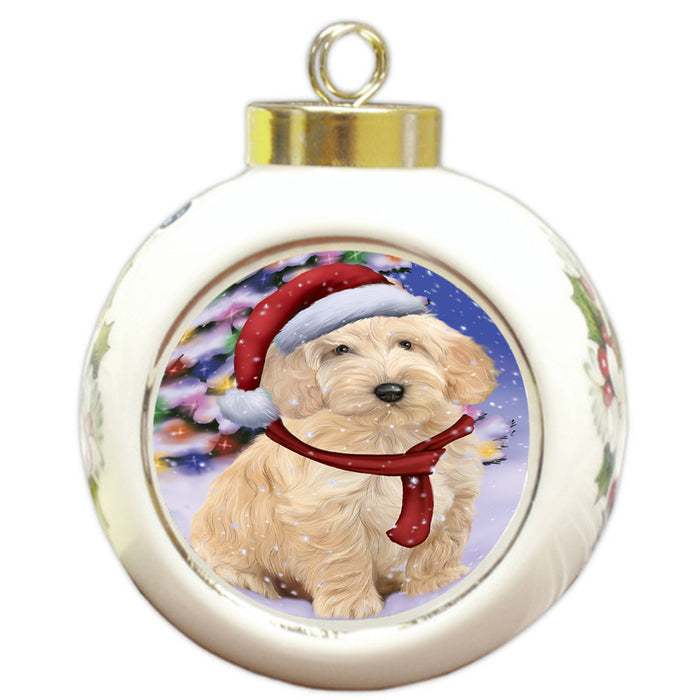 Winterland Wonderland Cockapoo Dog In Christmas Holiday Scenic Background Round Ball Christmas Ornament RBPOR53748