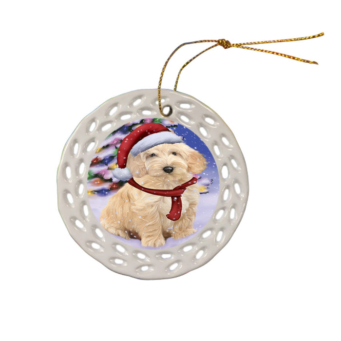 Winterland Wonderland Cockapoo Dog In Christmas Holiday Scenic Background Ceramic Doily Ornament DPOR53748
