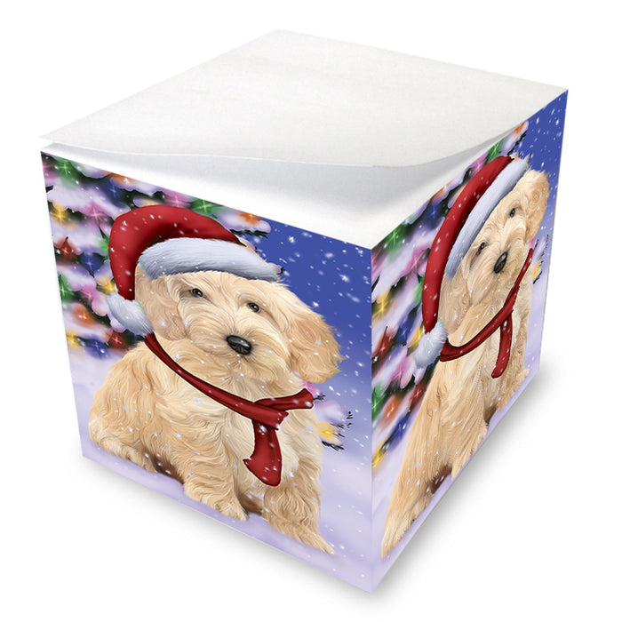 Winterland Wonderland Cockapoo Dog In Christmas Holiday Scenic Background Note Cube NOC55394