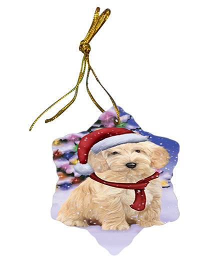 Winterland Wonderland Cockapoo Dog In Christmas Holiday Scenic Background Star Porcelain Ornament SPOR53739