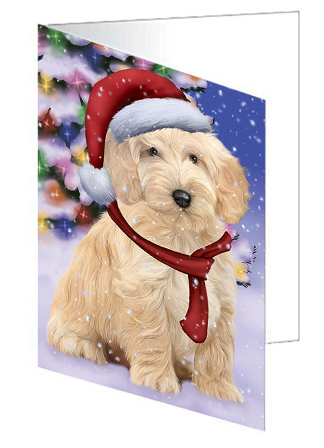 Winterland Wonderland Cockapoo Dog In Christmas Holiday Scenic Background Handmade Artwork Assorted Pets Greeting Cards and Note Cards with Envelopes for All Occasions and Holiday Seasons GCD65273