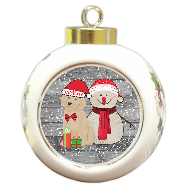 Custom Personalized Snowy Snowman and Cockapoo Dog Christmas Round Ball Ornament