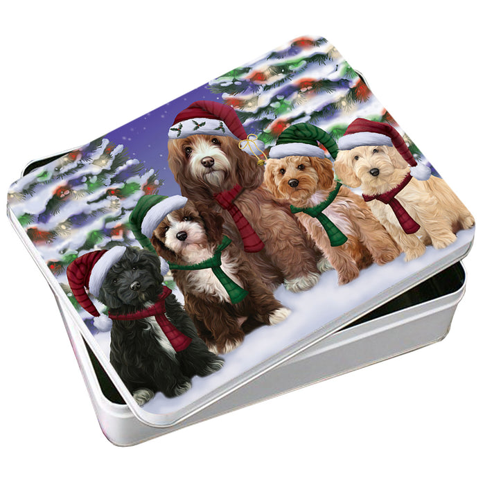 Cockapoos Dog Christmas Family Portrait in Holiday Scenic Background Photo Storage Tin PITN52710