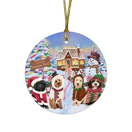 Holiday Gingerbread Cookie Shop Cockapoos Dog Round Flat Christmas Ornament RFPOR56750