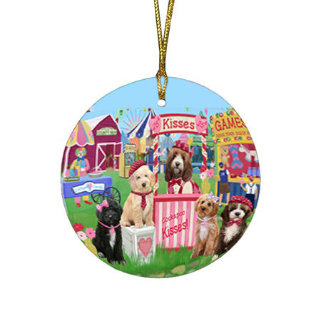 Carnival Kissing Booth Cockapoos Dog Round Flat Christmas Ornament RFPOR56185