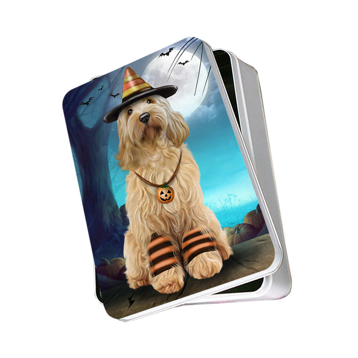 Happy Halloween Trick or Treat Cockapoo Dog Candy Corn Photo Storage Tin PITN52504