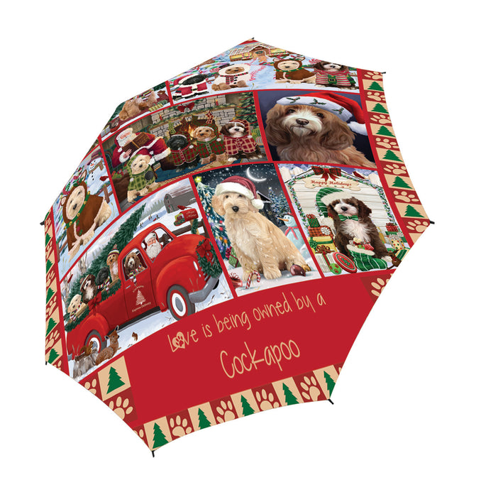 Love is Being Owned Christmas Cockapoo Dogs Semi-Automatic Foldable Umbrella